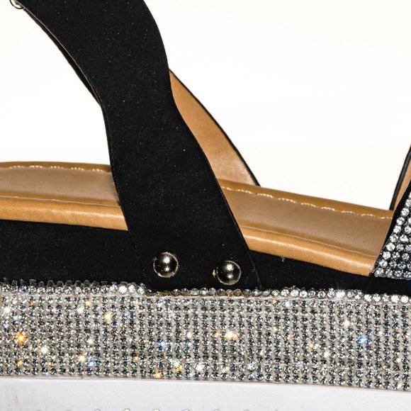 NEW Bling Silver Rhinestone Peep Toe Flat Platform Wedge Heel Sandal Ankle Strap - Picture 10 of 12